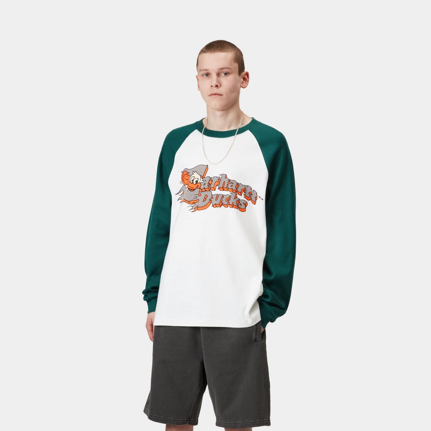 Flaming Ducks Baseball Long Sleeve T-Shirt | White / Rainforest