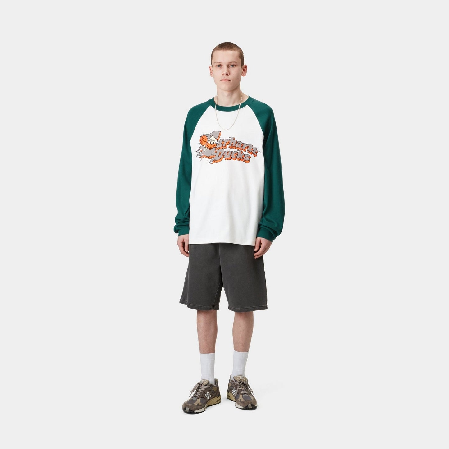 Flaming Ducks Baseball Long Sleeve T-Shirt | White / Rainforest