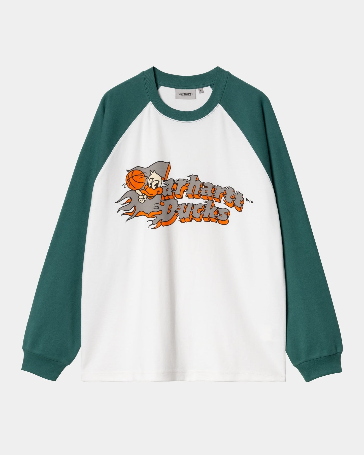 Flaming Ducks Baseball Long Sleeve T-Shirt | White / Rainforest
