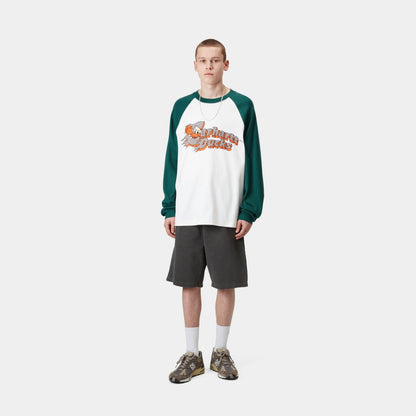 Flaming Ducks Baseball Long Sleeve T-Shirt | White / Rainforest