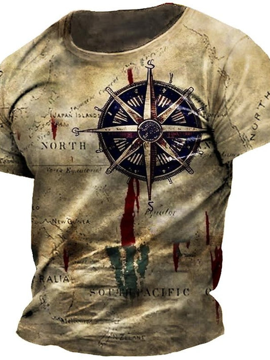 Men's T shirt Tee Tee Distressed T Shirt Graphic Nautical Compass Crew Neck Clothing Apparel 3D Print Outdoor Casual Short Sleeve Print Vintage Fashion Designer